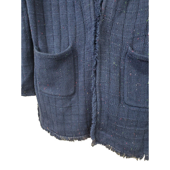 Cabi Womens Medium Navy Blue Speckled Duchess Cardigan Long Fringe Hems Pockets - Picture 2 of 11